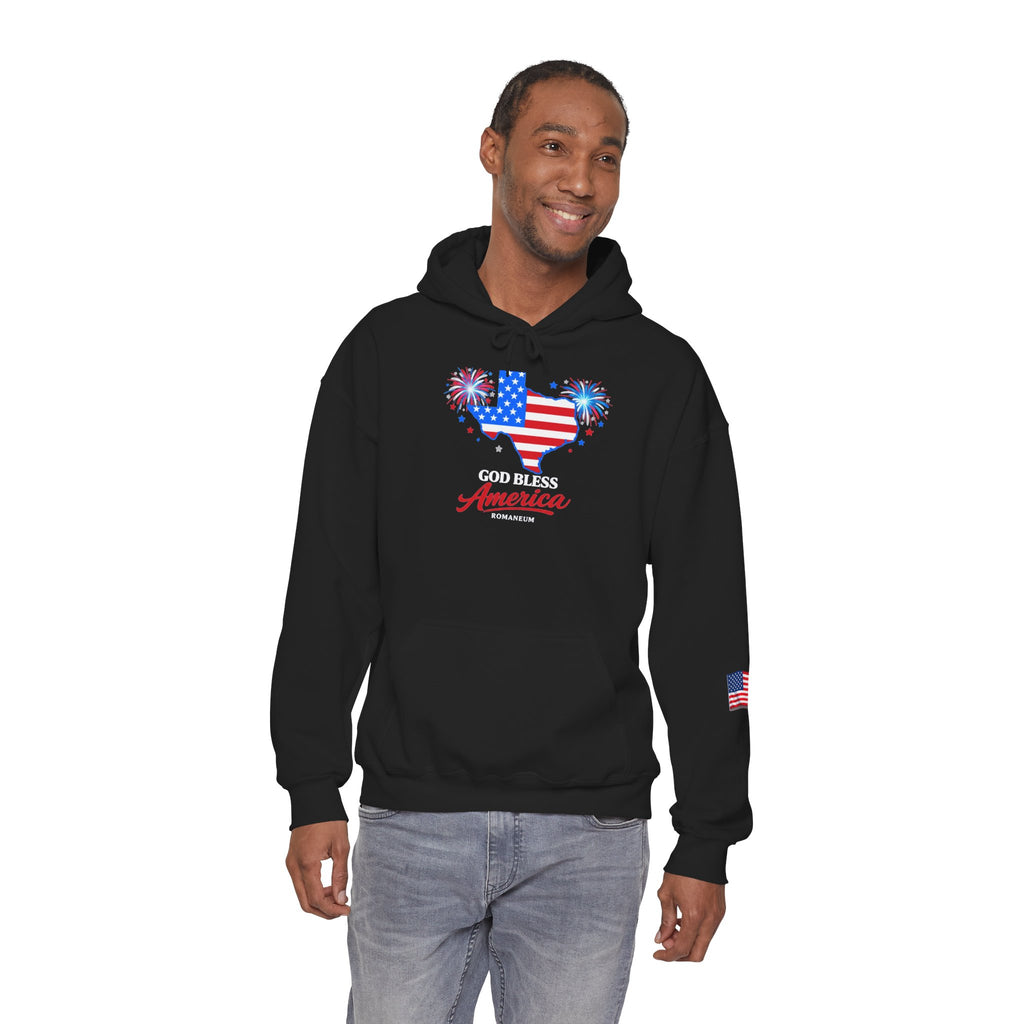 Romaneum God Bless America flag map Hoodie | American flag fireworks sleeve