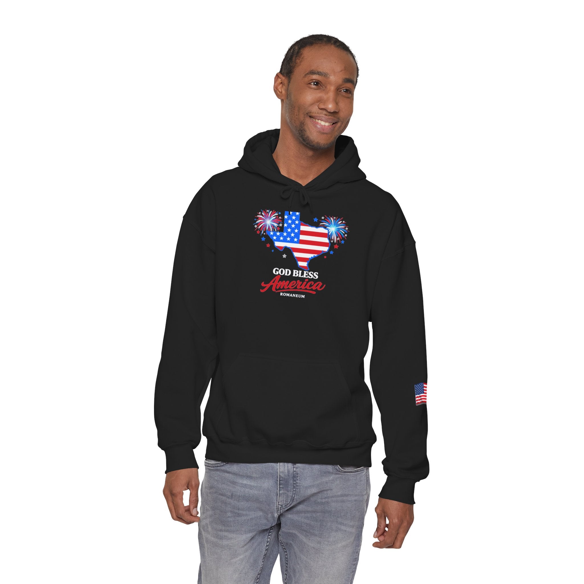 Romaneum God Bless America flag map Hoodie | American flag fireworks sleeve