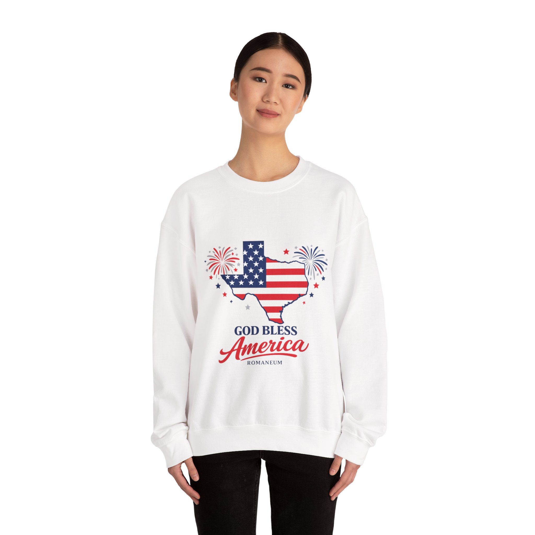 Romaneum God Bless America Flag Heart sweatshirt | Patriotic 4th of July crewneck