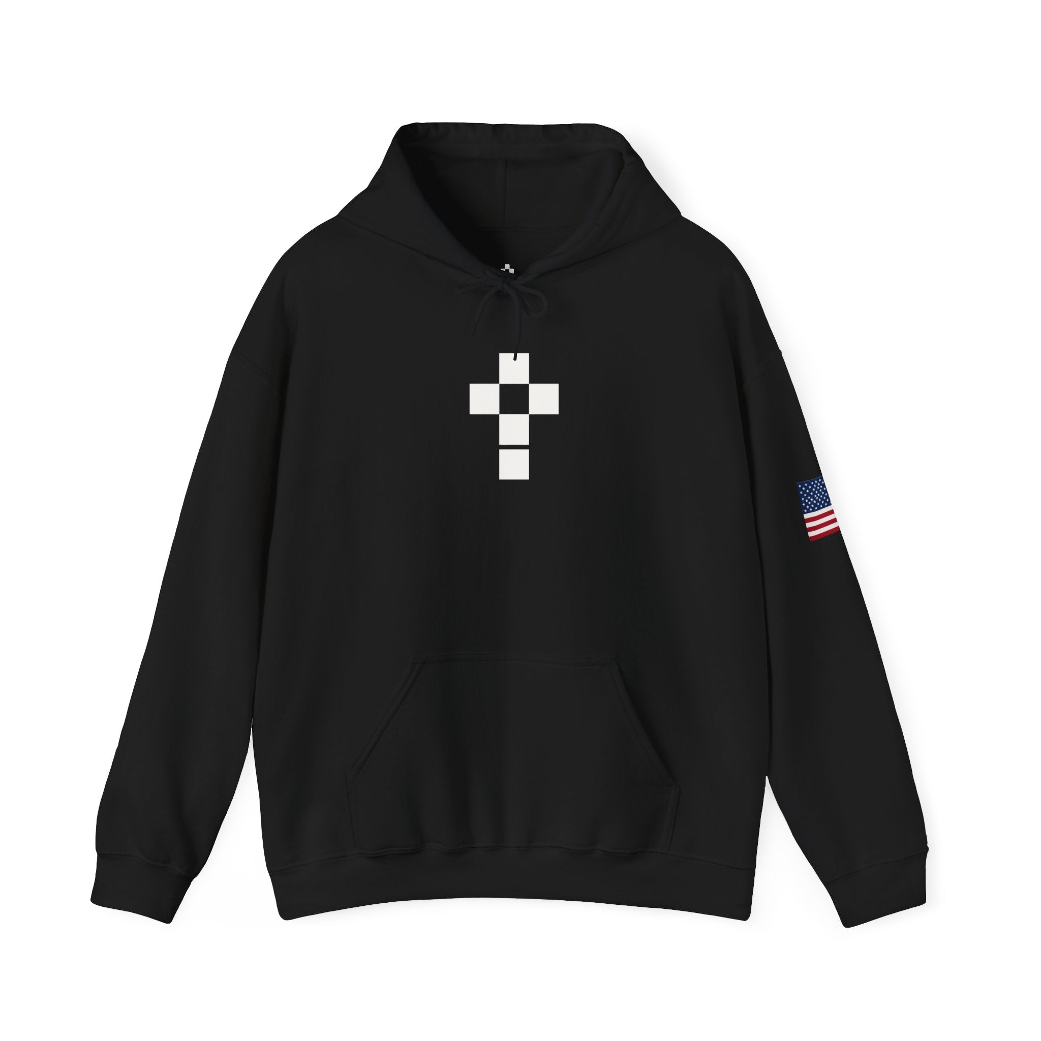 Romaneum Pixel Cross Hoodie | Small Black Cross, American Flag Sleeve
